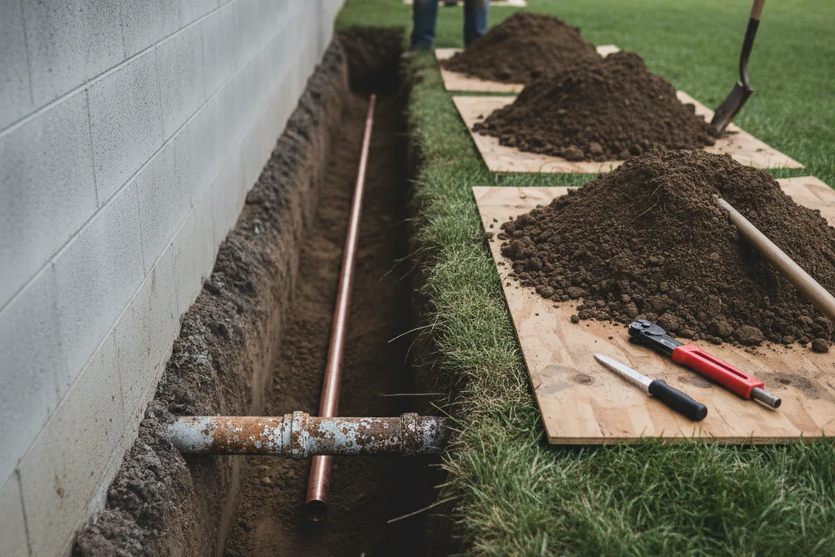 Excavated water line trench during Water Softener Installation in Gaffney